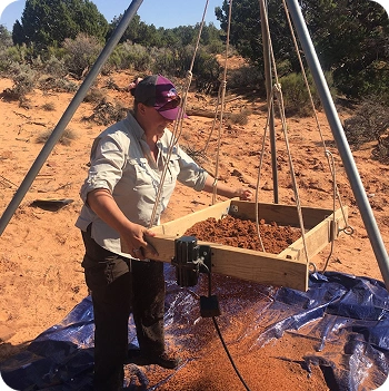 Photograph of a person sifting dirt through a screen to find artifacts.
