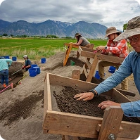 photograph of Faculty and students from BYU's 2023 Archaeological Field School explore the remains of a 1,000-year-old Fremont village at the Hinckley Mounds in west Provo on Wednesday, June 14, 2023.